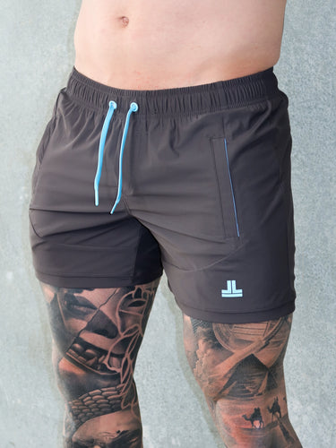 Della Squat Shorts in vampire grey and baby blue, mens gym shorts by Lift The Label, view 2