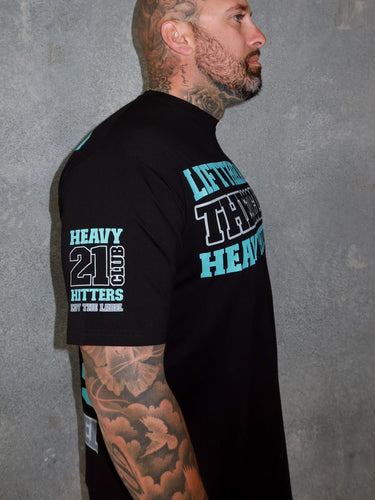 Trademark Tee in black, baby blue and grey by Lift The Label, side view showing sleeve print