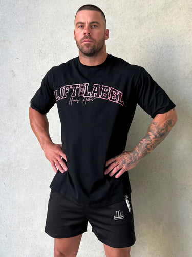 Basic Logo O.S Tee in black and pink, oversized mens gym tee by Lift The Label, view 3