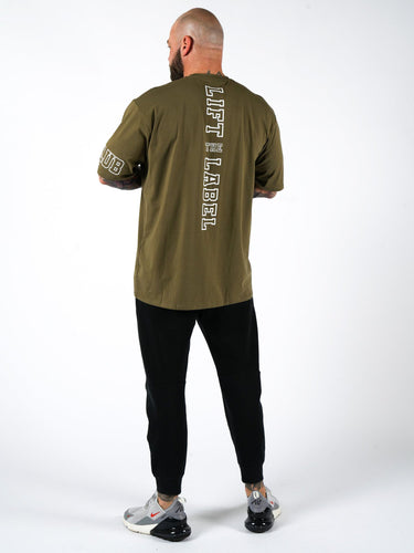 Team Hitter Tee in khaki green, mens gym tee by Lift The Label, view 3