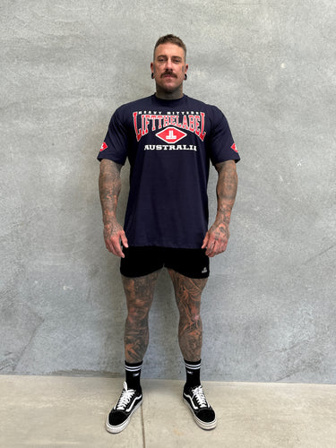 Home Tee in navy and red, gym-to-street tee by Lift The Label, view 4