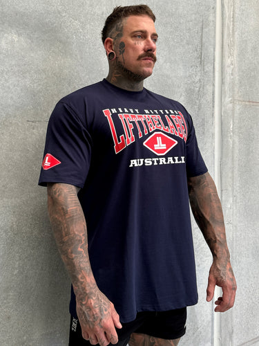 Home Tee in navy and red, gym-to-street tee by Lift The Label, view 3