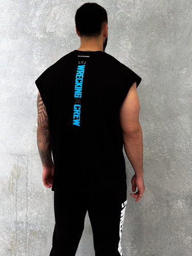 Wrecking Crew Cropped Tank in black and blue, mens gym tank by Lift The Label, view 4