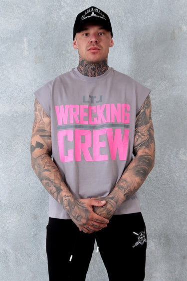 Wrecking Crew Cropped Tank in stone grey and pink, mens gym tank by Lift The Label, view 4
