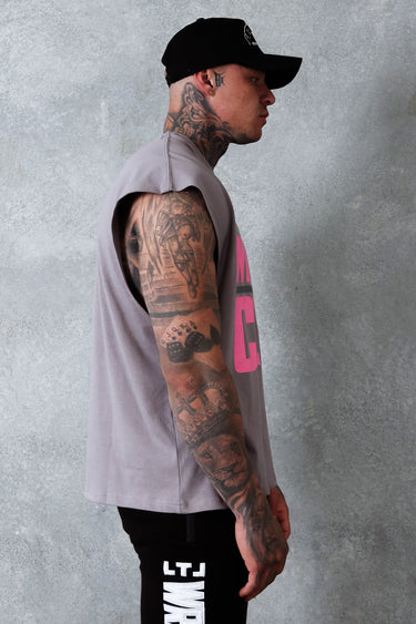 Wrecking Crew Cropped Tank in stone grey and pink, mens gym tank by Lift The Label, view 3