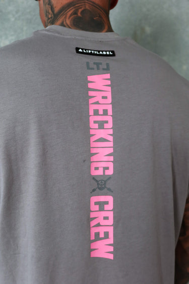Wrecking Crew Cropped Tank in stone grey and pink, mens gym tank by Lift The Label, view 2