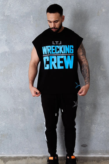 Wrecking Crew Cropped Tank in black and blue, mens gym tank by Lift The Label, view 3