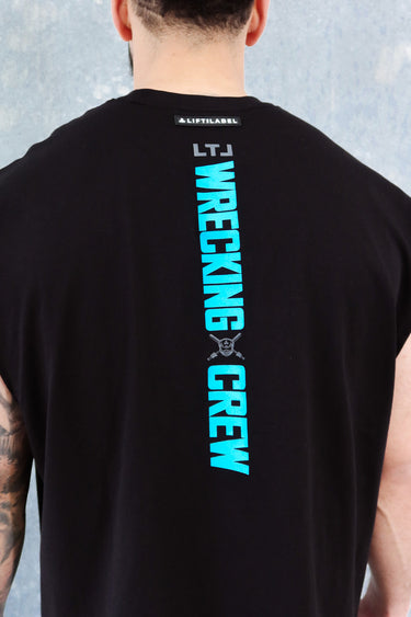 Wrecking Crew Cropped Tank in black and blue, mens gym tank by Lift The Label, view 2