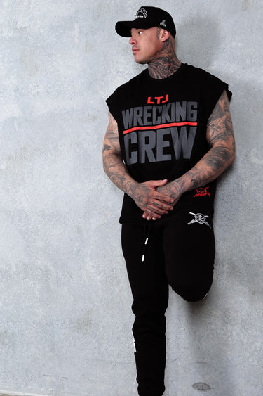 Wrecking Crew Cropped Tank in black, red and grey, mens gym tank by Lift The Label, view 3