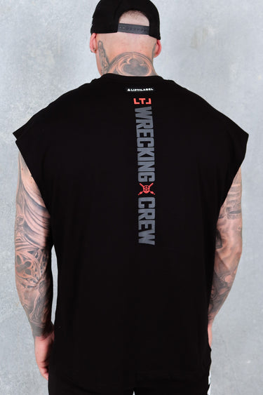 Wrecking Crew Cropped Tank in black, red and grey, mens gym tank by Lift The Label, view 2