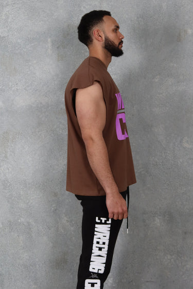 Wrecking Crew Cropped Tank in brown and purple, mens gym tank by Lift The Label, view 4
