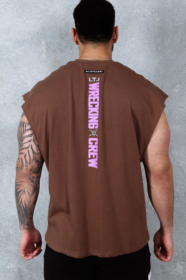 Wrecking Crew Cropped Tank in brown and purple, mens gym tank by Lift The Label, view 2