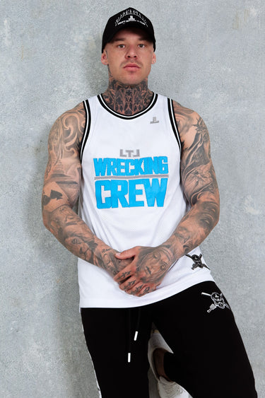Wrecking Crew Jersey in white and baby blue, mens gym jersey by Lift The Label, view 4