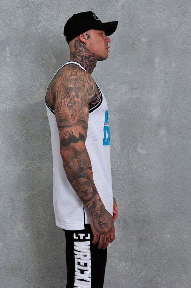 Wrecking Crew Jersey in white and baby blue, mens gym jersey by Lift The Label, view 3