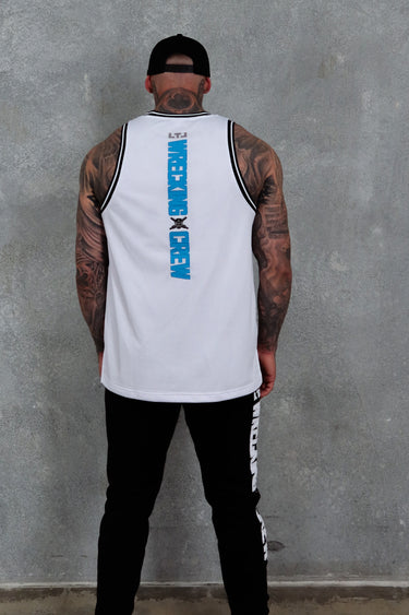 Wrecking Crew Jersey in white and baby blue, mens gym jersey by Lift The Label, view 2