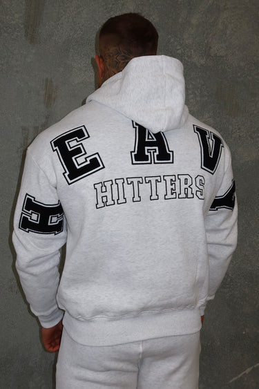 Donny Hoodie in grey marle by Lift The Label, back view showing Heavy Hitters lettering