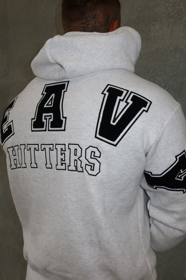 Donny Hoodie in grey marle by Lift The Label, close up of chenille back lettering
