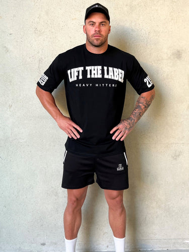 College Tee in black and grey, mens gym tee by Lift The Label, view 4